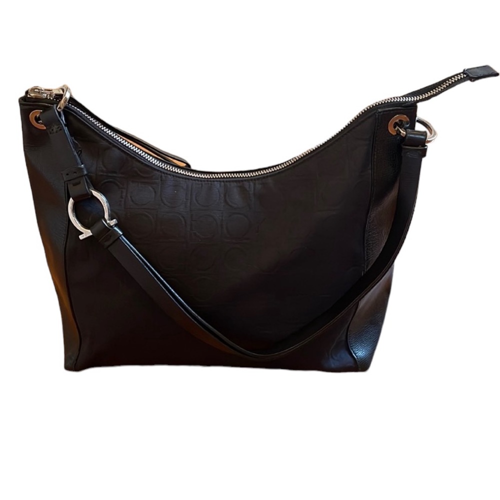 Vintage Ferragamo black fabric and leather handbag with zip closure. VGUC.